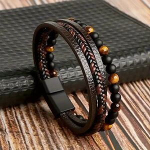 Mens/Women's Beaded PU Leather Bracelet with Tiger Eye Beads